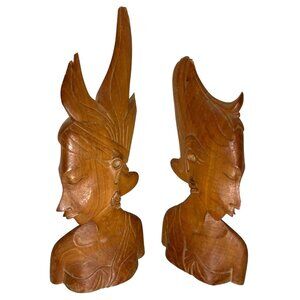 Two Nepalese Busts, Intricate Wooden Carvings, Beautiful Features Earrings Hair